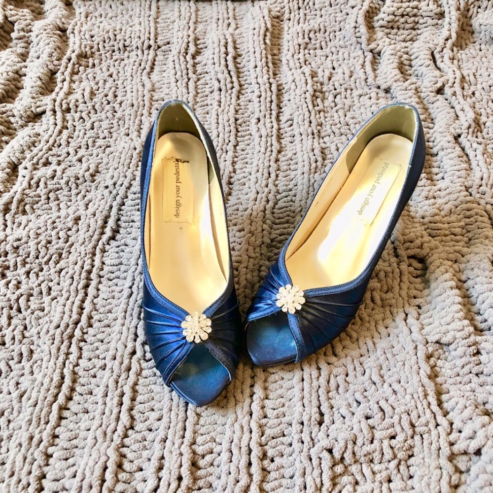 Blue Satin Heels With Rhinestone Decor